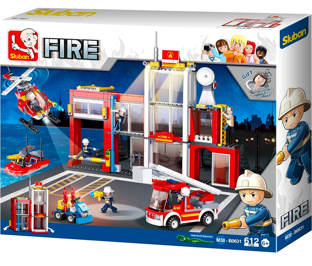 set di costruzioni Sluban Fire Station M38-B0631 include 612 pezzi per edificare una caserma e vari veicoli